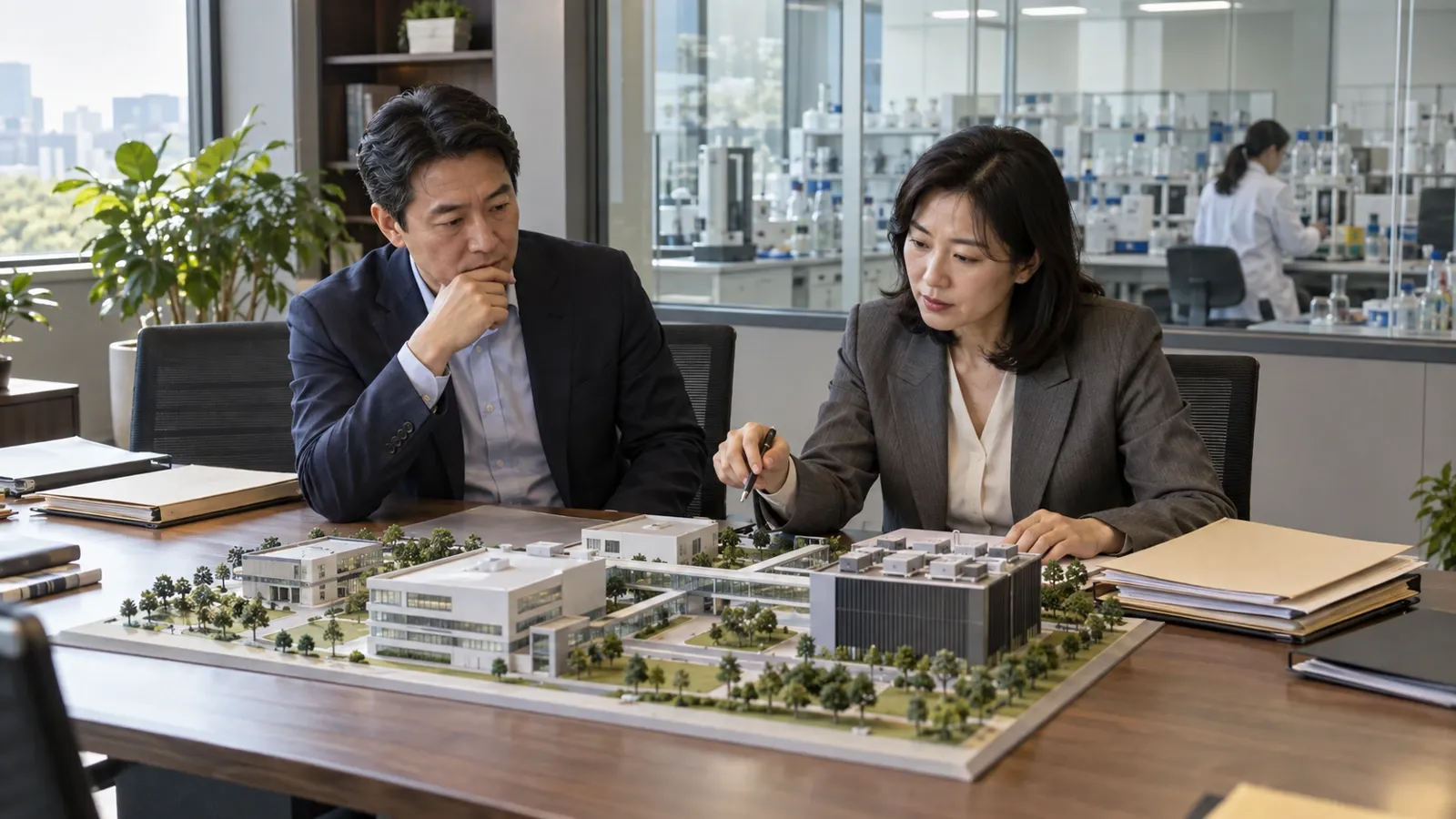 재무 담당자와 연구 책임자가 생명과학 기업의 실험실 운영비와 소프트웨어 매출을 같은 작업대에서 검토하는 현실적인 회의 장면