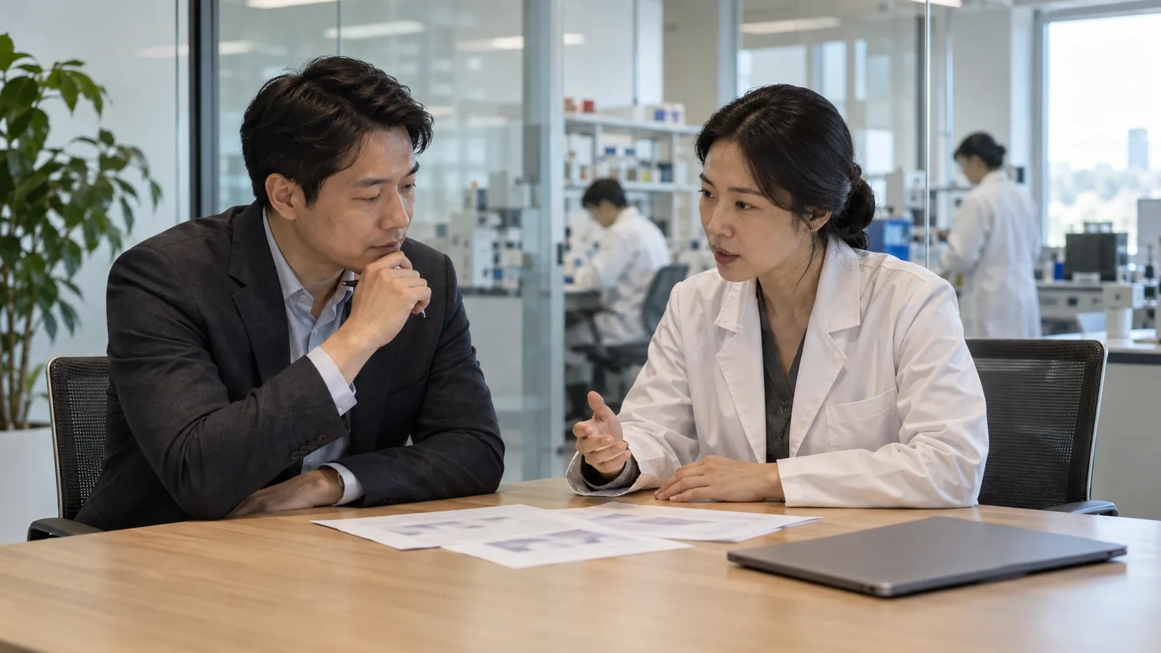 재무 담당자와 연구 책임자가 주식 보상 장부와 인력 계획을 함께 검토하는 현실적인 회의 장면
