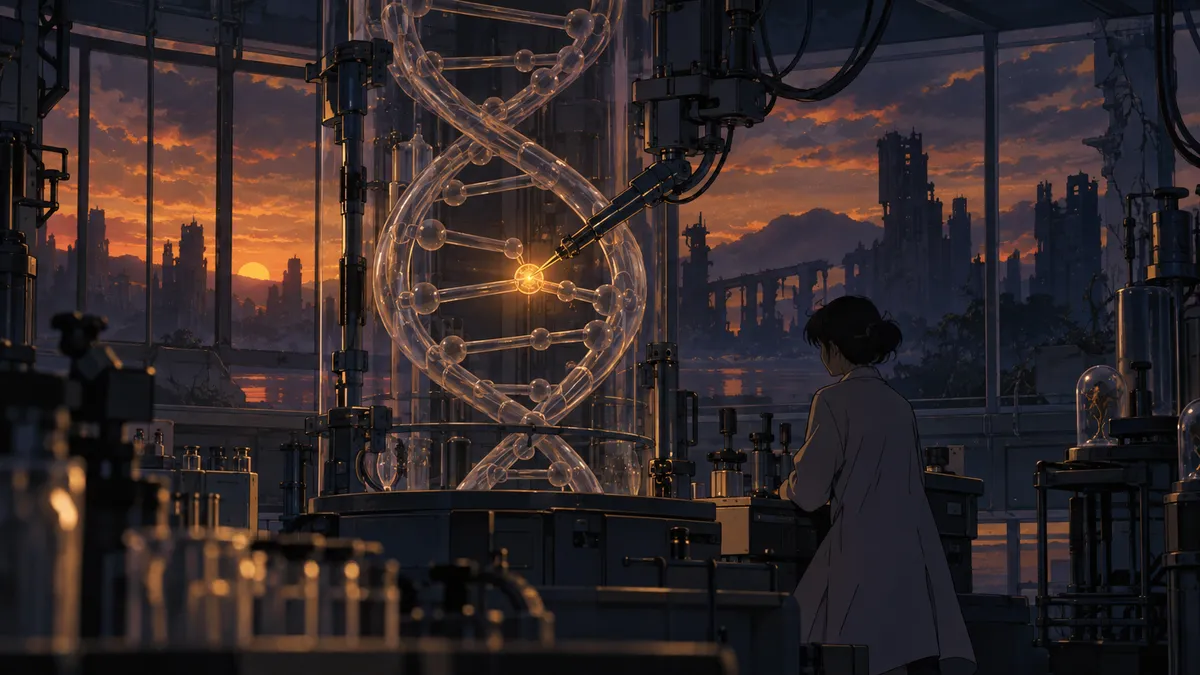 붉은 황혼의 가상 연구시설에서 거대한 DNA 구조의 한 지점을 정밀하게 교정하는 세기말 SF 셀 애니메이션 장면