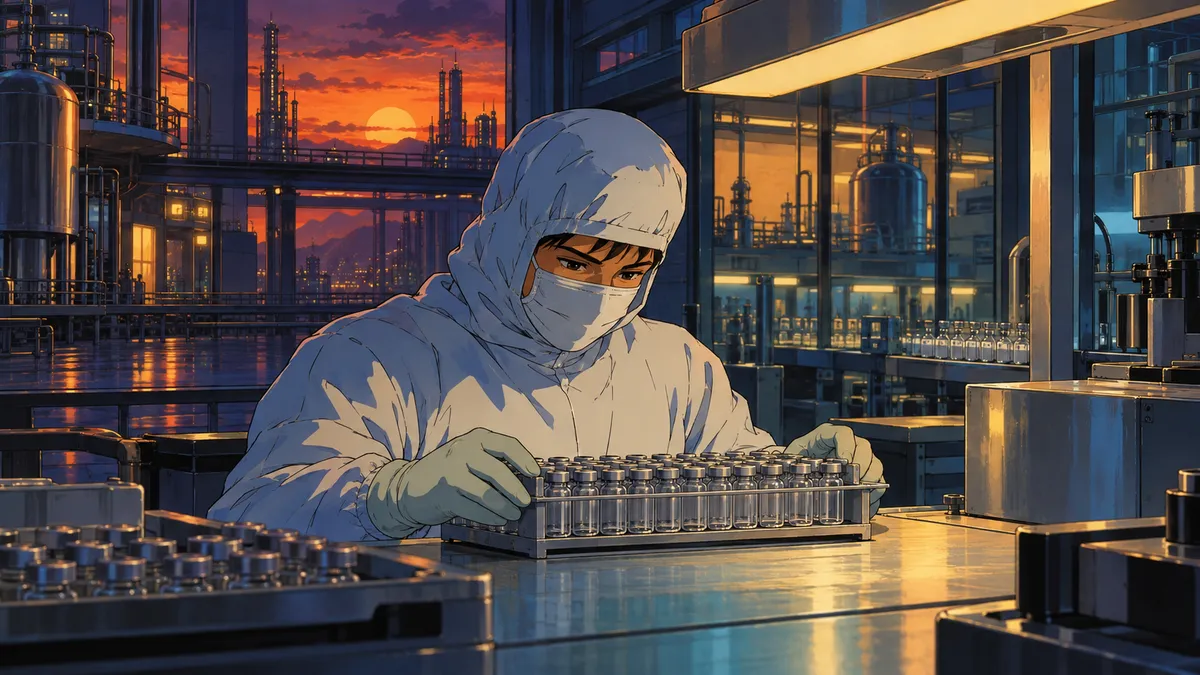 황혼의 가상 mRNA 백신 생산 구역에서 연구자가 무표식 바이알을 살펴보는 세기말 SF 셀 애니메이션 장면