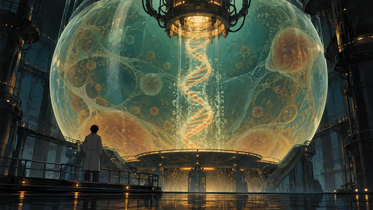 빛나는 DNA 고리가 거대한 세포형 배양실로 내려가는 세기말 SF 셀 애니메이션 장면